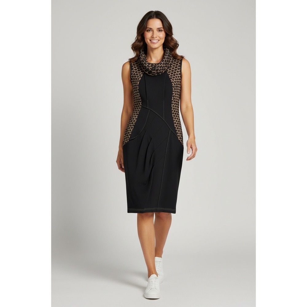 Joseph Ribkoff Cowl Neck Sleeveless Sheath‎ Dress Panel Black Tan Honeycomb 6